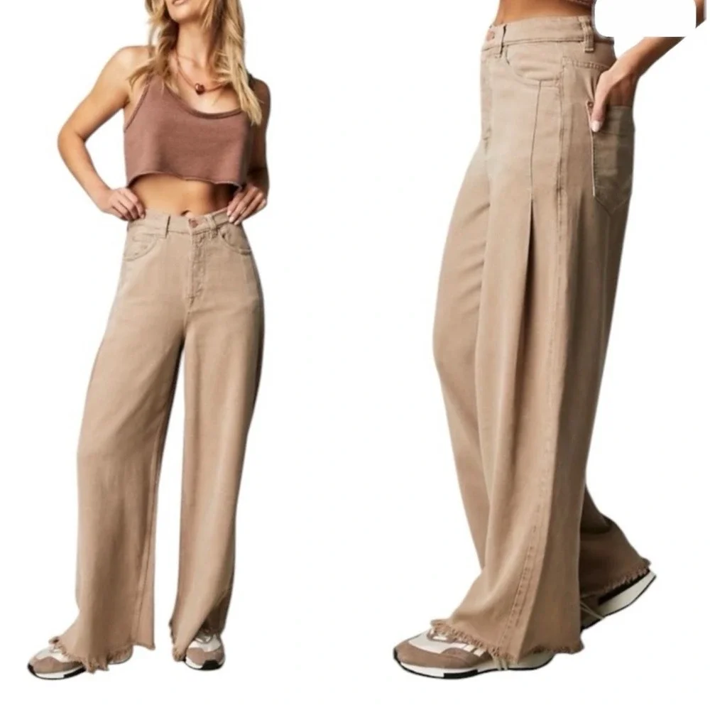 Free People We The Free Old West Slouchy Wide Leg Frayed Hem Jeans Tan Brown 26